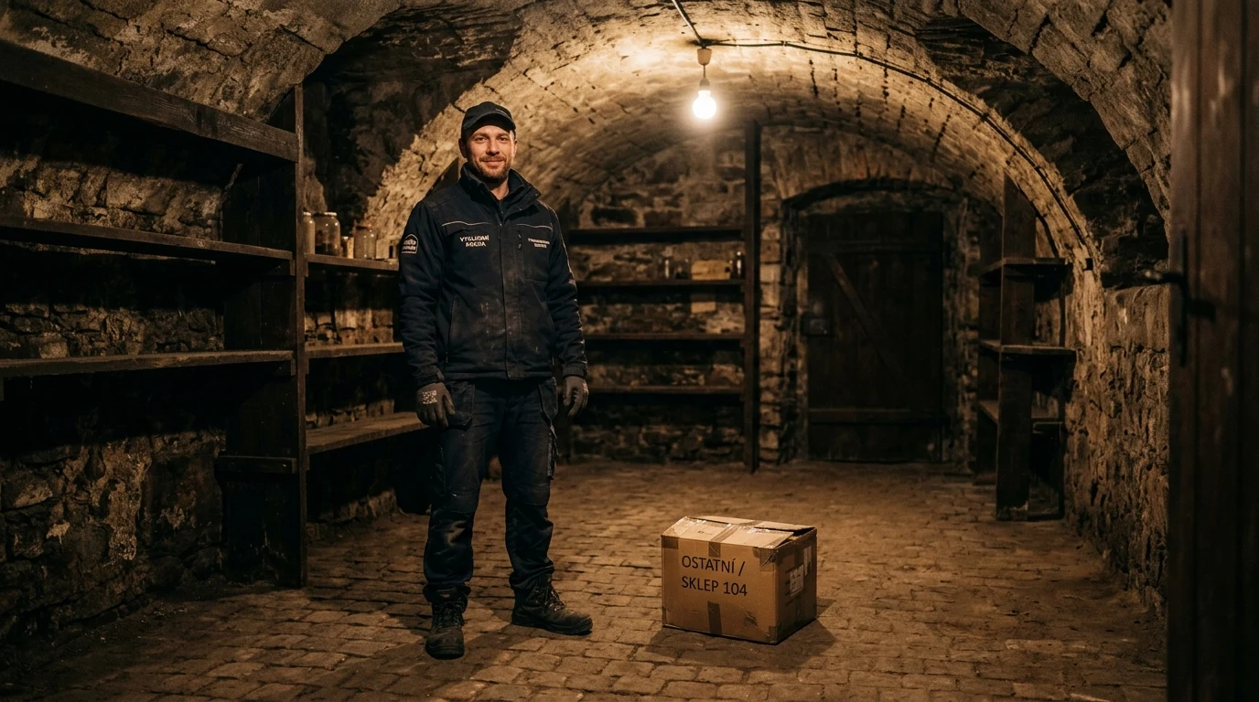 Pracovník vyklízecí služby stojí v nově vyklizeném historickém sklepě s čistou podlahou a starými regály v Praze