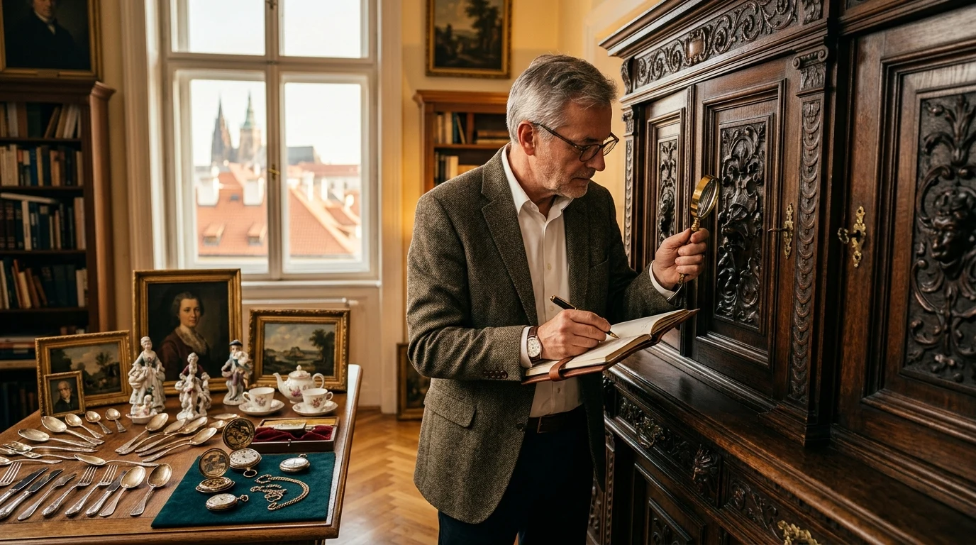 Profesionální odhadce s lupou oceňuje starožitnosti, stříbrné příbory a obrazy z pozůstalosti v Praze